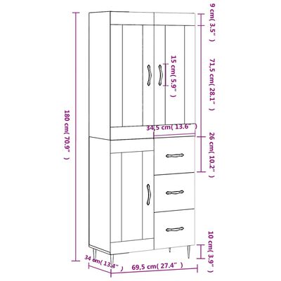 vidaXL Dulap înalt, gri beton, 69,5x34x180, lemn compozit