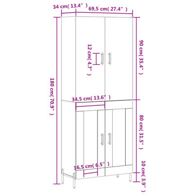 vidaXL Dulap înalt, alb, 69,5x34x180 cm, lemn compozit