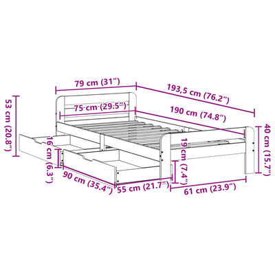 vidaXL Cadru de pat fără saltea, 75x190 cm, lemn masiv de pin