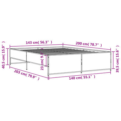 vidaXL Cadru de pat, gri sonoma, 140x200 cm, lemn prelucrat și metal