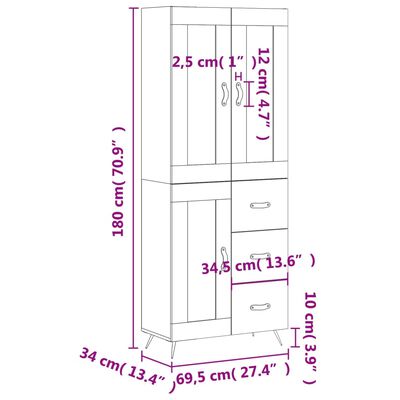 vidaXL Dulap înalt, alb extralucios, 69,5x34x180 cm, lemn compozit