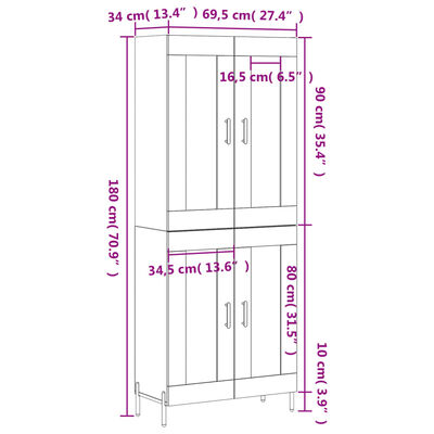 vidaXL Dulap înalt, gri beton, 69,5x34x180, lemn compozit