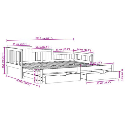 vidaXL Pat de zi cu extensie/sertare, alb, 80x200 cm, lemn masiv pin