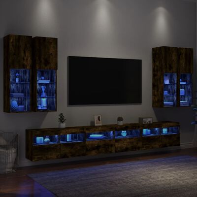 vidaXL Comode TV de perete cu lumini LED, 7 piese, stejar fumuriu