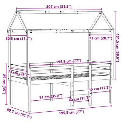 vidaXL Pat înalt cu acoperiș, maro ceruit, 75x190 cm, lemn masiv pin