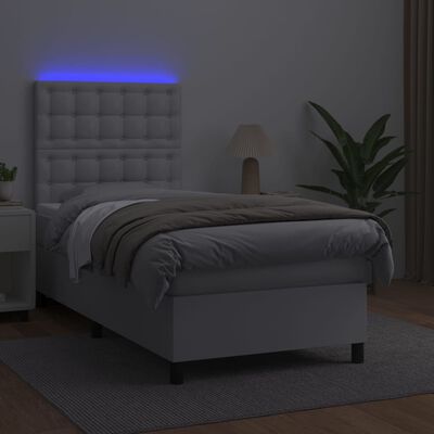 vidaXL Pat cu arcuri, cu saltea și LED, alb, 90x200 cm, piele eco