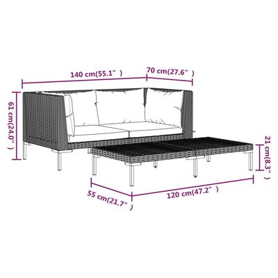 vidaXL Set mobilier grădină B-Stock 3 piese gri poliratan semi-rotund