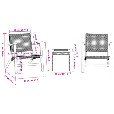 vidaXL Set mobilier bistro, 3 piese, poliratan negru/lemn de acacia