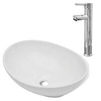 vidaXL Chiuvetă de baie cu robinet mixer, ceramică, oval, alb