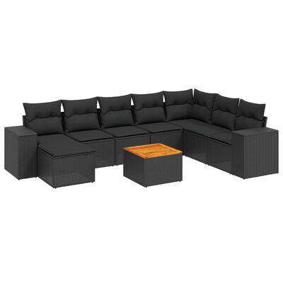 vidaXL Set mobilier de grădină cu perne, 9 piese, negru, poliratan