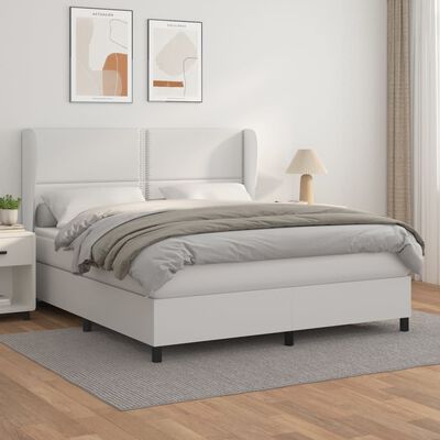 vidaXL Pat box spring cu saltea, alb, 180x200 cm, piele ecologică