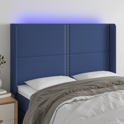 vidaXL Tăblie de pat cu LED, albastru, 147x16x118/128 cm, textil