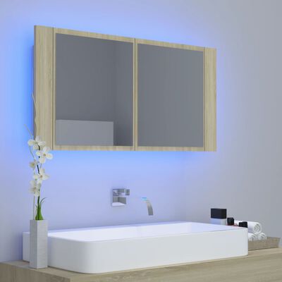 vidaXL Dulap de baie cu oglindă și LED, stejar Sonoma, 90x12x45 acril