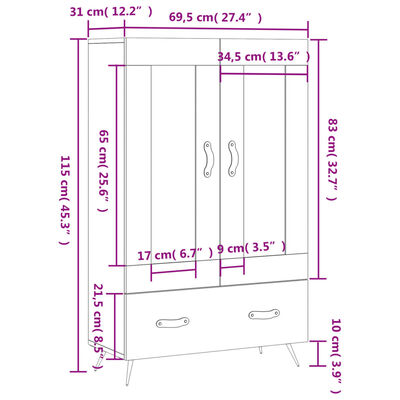 vidaXL Dulap înalt, stejar Sonoma, 69,5x31x115 cm, lemn prelucrat