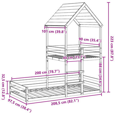 vidaXL Pat supraetajat cu acoperiș maro ceruit 90x200cm lemn masiv pin