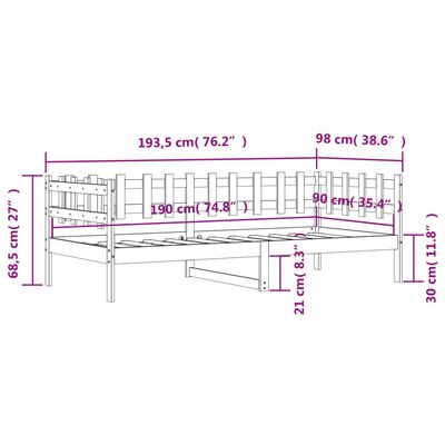 vidaXL Pat de zi fără saltea, alb, 90x190 cm, lemn masiv pin