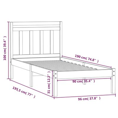 vidaXL Cadru de pat single, alb, 90x190 cm, lemn masiv