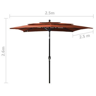 vidaXL Umbrelă de soare 3 niveluri, stâlp aluminiu cărămiziu 2,5x2,5 m