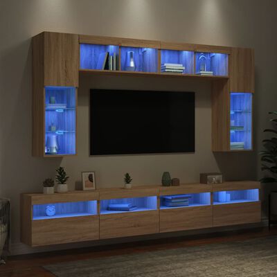 vidaXL Comode TV de perete cu lumini LED, 8 piese, stejar sonoma