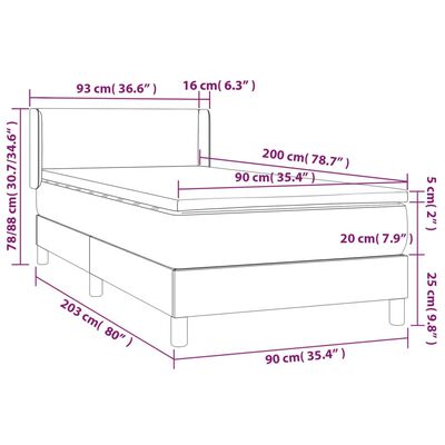 vidaXL Pat box spring cu saltea, gri deschis, 90x200 cm, catifea