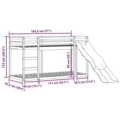 vidaXL Pat supraetajat cu tobogan/scară maro 90x190 cm, lemn masiv pin