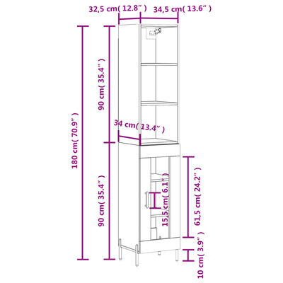 vidaXL Dulap înalt, alb extralucios, 34,5x34x180 cm, lemn prelucrat