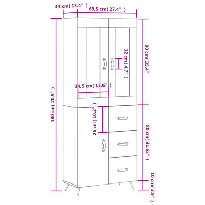 vidaXL Dulap înalt, negru, 69,5x34x180 cm, lemn compozit