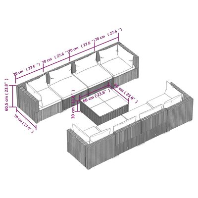 vidaXL Set mobilier de grădină cu perne, 9 piese, gri, poliratan