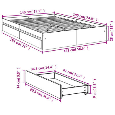 vidaXL Cadru pat cu sertare stejar fumuriu 140x190 cm lemn prelucrat