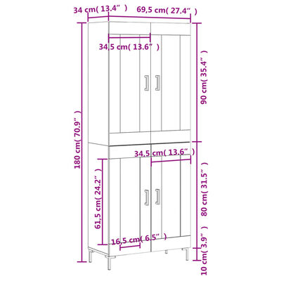 vidaXL Dulap înalt, gri beton, 69,5x34x180, lemn compozit