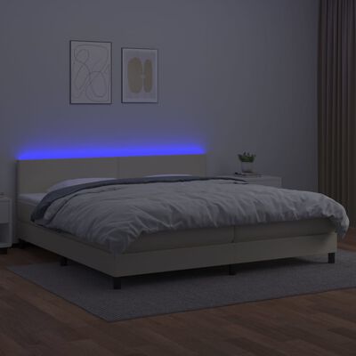 vidaXL Pat cu arcuri, saltea și LED, crem, 200x200 cm, piele ecologică