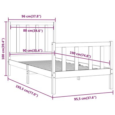 vidaXL Cadru de pat single, negru, 90x190 cm, lemn masiv