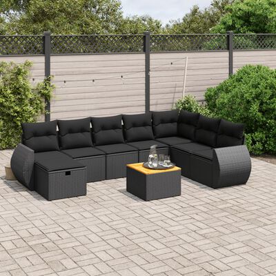 vidaXL Set mobilier de grădină cu perne, 9 piese, negru, poliratan