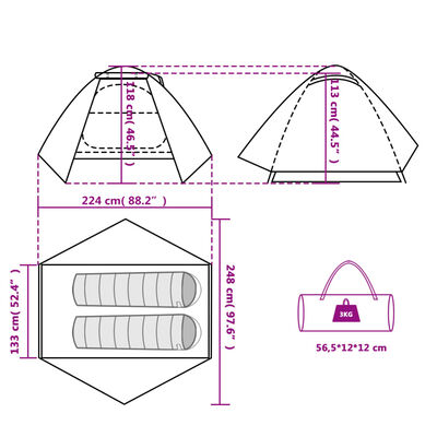 vidaXL Cort de camping cupolă pentru 2 persoane, verde, impermeabil