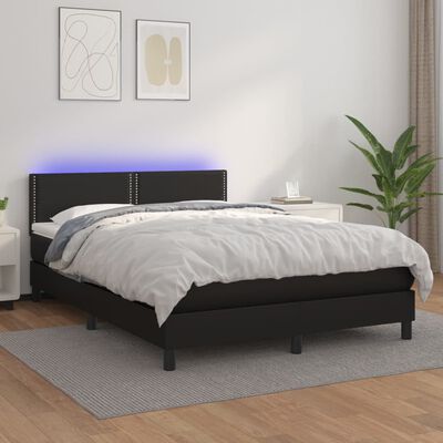 vidaXL Pat continental cu saltea & LED, negru, 140x190 cm, piele eco