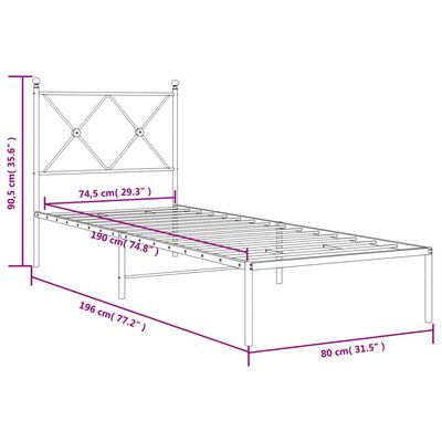 vidaXL Cadru de pat metalic fără saltea, cu tăblie, alb, 75x190 cm