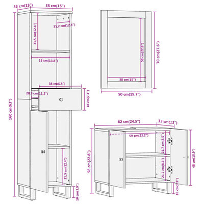 vidaXL Set dulapuri de baie, 3 piese, maro și negru, lemn masiv mango