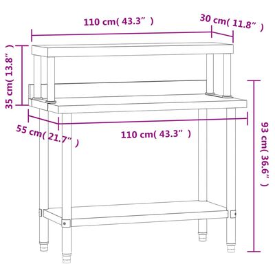 vidaXL Masă bucătărie cu raft superior, 110x55x120 cm, oțel inoxidabil