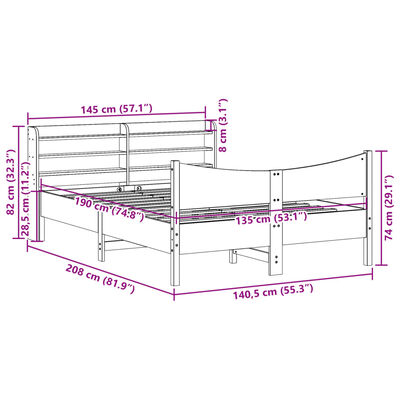 vidaXL Cadru de pat cu tăblie, maro ceruit, 135x190 cm, lemn masiv pin