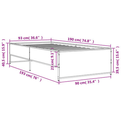 vidaXL Cadru de pat, stejar fumuriu, 90x190cm, lemn prelucrat și metal