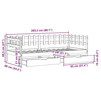 vidaXL Pat de zi cu sertare, alb, 90x200 cm, lemn masiv pin