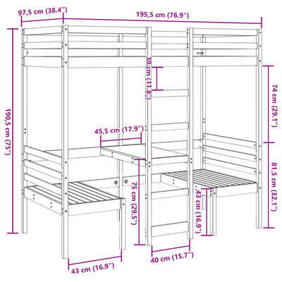 vidaXL Cadru pat etajat, birou/scaune, alb, 90x190 cm, lemn masiv pin