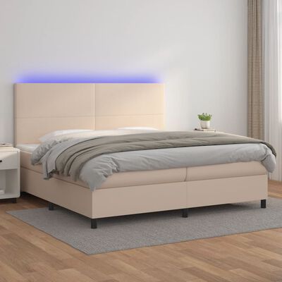 vidaXL Pat cu arcuri, cu saltea și LED cappuccino 200x200 cm piele eco