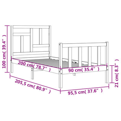 vidaXL Cadru de pat cu tăblie, alb, 90x200 cm, lemn masiv