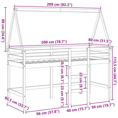 vidaXL Pat etajat cu scară și acoperiș, alb, 80x200 cm, lemn masiv pin