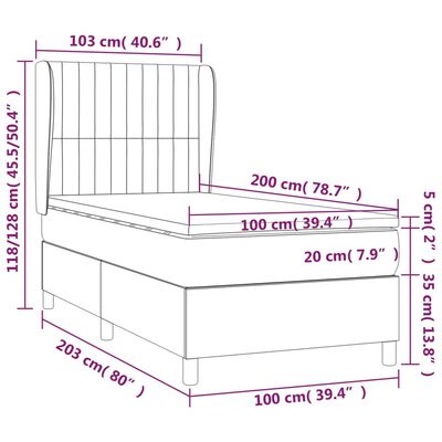 vidaXL Pat box spring cu saltea, gri închis, 100x200 cm, catifea