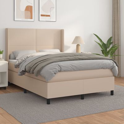 vidaXL Pat box spring cu saltea, cappuccino, 140x200cm piele ecologică