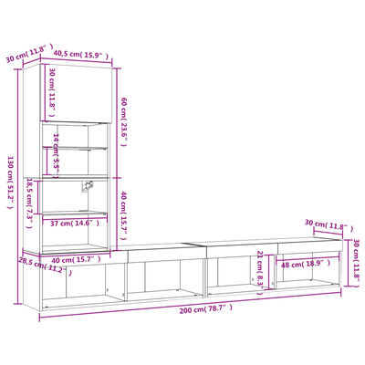 vidaXL Unități de perete TV cu LED-uri, 4 piese, stejar sonoma, lemn