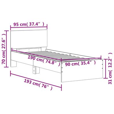 vidaXL Cadru de pat cu tăblie și lumini LED, gri sonoma, 90x190 cm