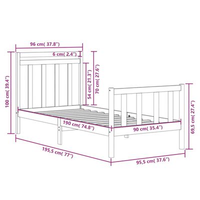 vidaXL Cadru de pat single, negru, 90x190 cm, lemn masiv